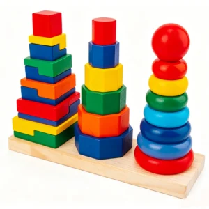 Torre impilabile geometrica in legno 3 in 1 Montessori, forme e colori