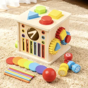 Cubo attività in legno 5 in 1 Montessori: labirinto perline, incastri forme e ingranaggi