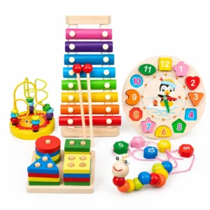 Carillon Montessori in legno 5 pezzi con sveglia, tamburi e percussioni (set E)