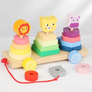 Blocchi impilabili in legno con animali e trenino arcobaleno, incastri geometrici Montessori