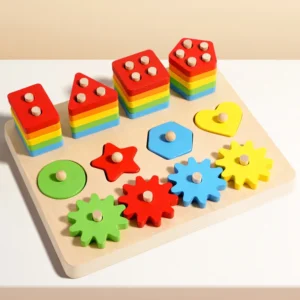 Tavola in legno con incastri geometrici e ingranaggi 3 in 1, coordinazione occhio-mano