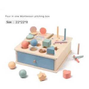 Scatola Montessori 4 in 1 in legno: incastri forme, monete, bastoncini e palline